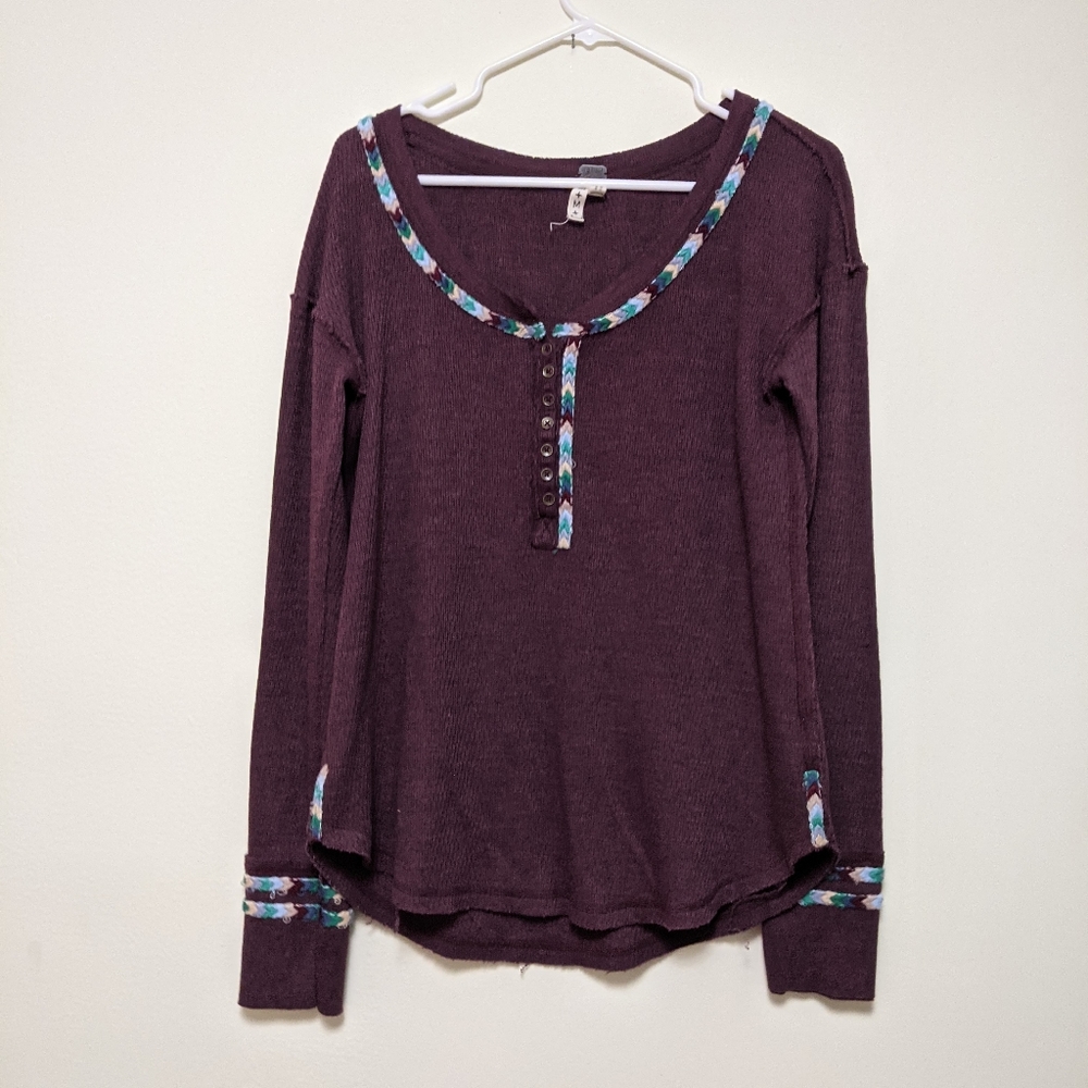 Free People Rainbow Thermal Henley Wine